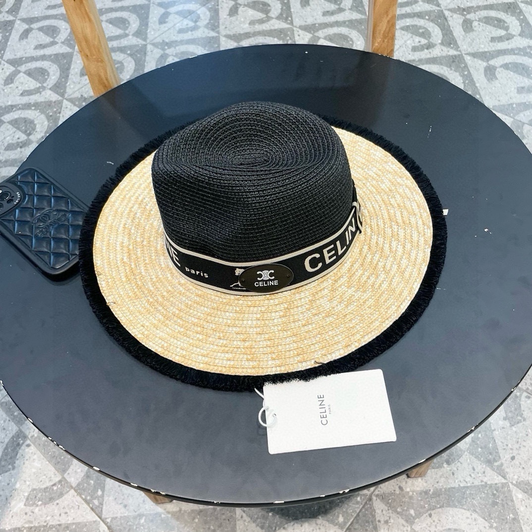 【CELINE赛琳】新款拼接草编遮阳草帽盆帽🤩沙滩风，简约大方，百搭单品～出街首选，新款帽型超美腻，新品
