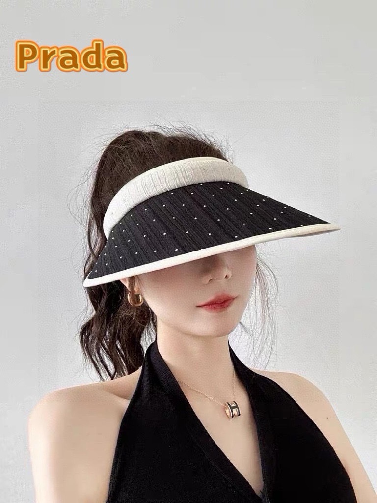  普拉达Prada夏天黑胶空顶帽亮闪水钻遮阳帽子女防紫外线出游户外大帽檐防晒帽