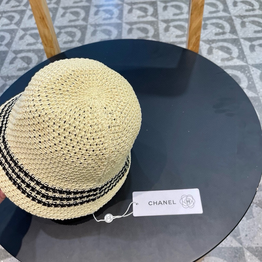   香奈儿Chanel镂空透气条纹渔夫帽子女夏天百搭可折叠显脸小盆帽遮阳防晒太阳帽 