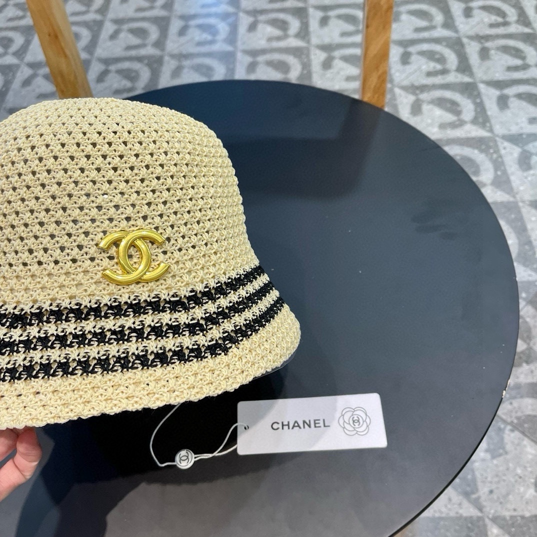   香奈儿Chanel镂空透气条纹渔夫帽子女夏天百搭可折叠显脸小盆帽遮阳防晒太阳帽 