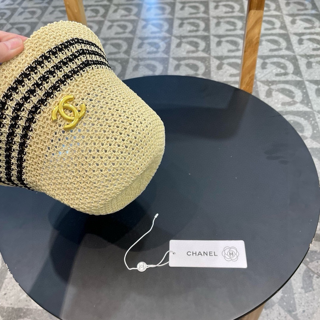   香奈儿Chanel镂空透气条纹渔夫帽子女夏天百搭可折叠显脸小盆帽遮阳防晒太阳帽 