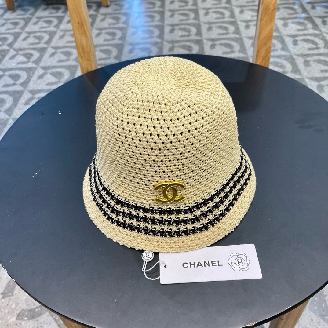   香奈儿Chanel镂空透气条纹渔夫帽子女夏天百搭可折叠显脸小盆帽遮阳防晒太阳帽 