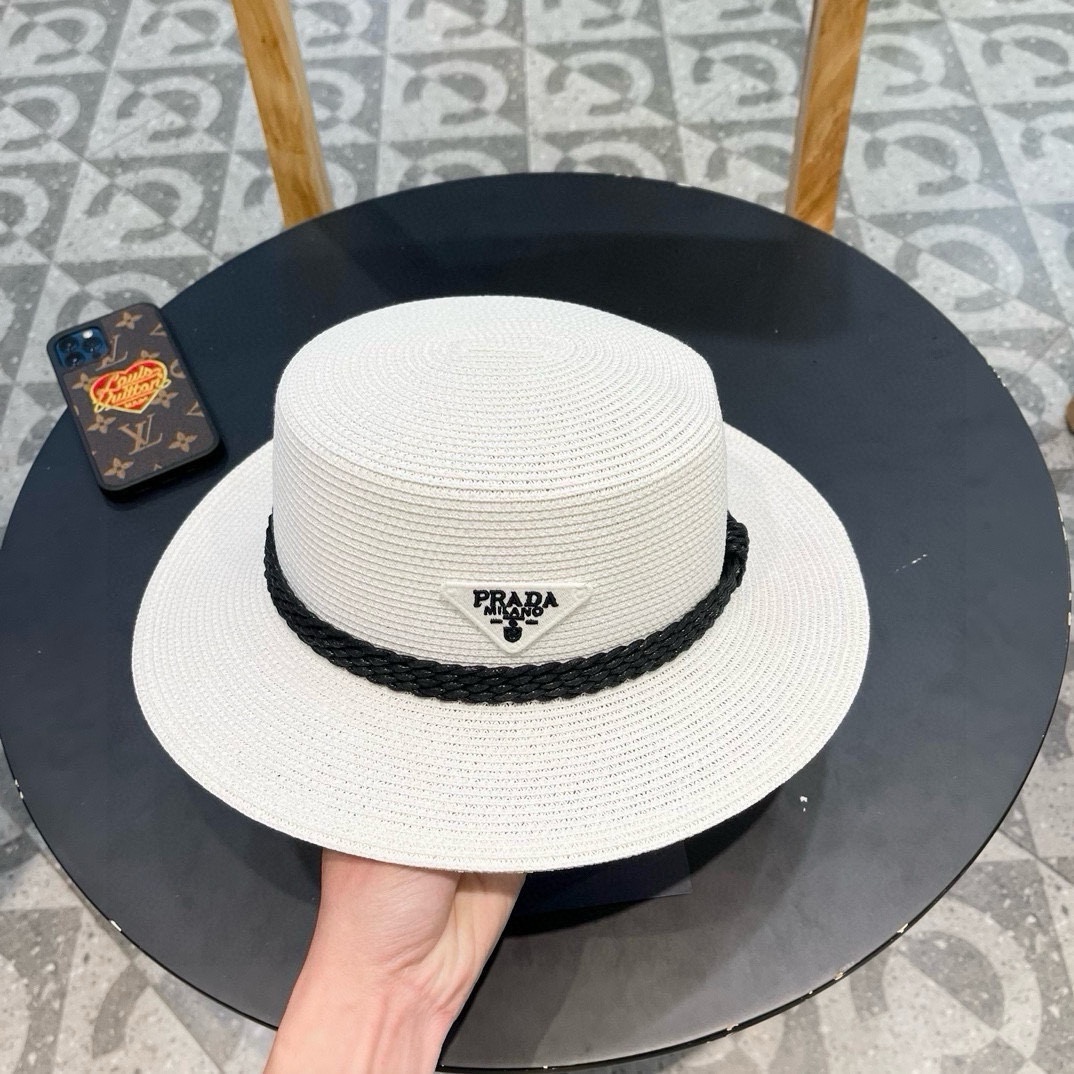 PRADA普拉达 草帽，名媛风盆帽，进口高级细草制作，高端定制，头围57cm