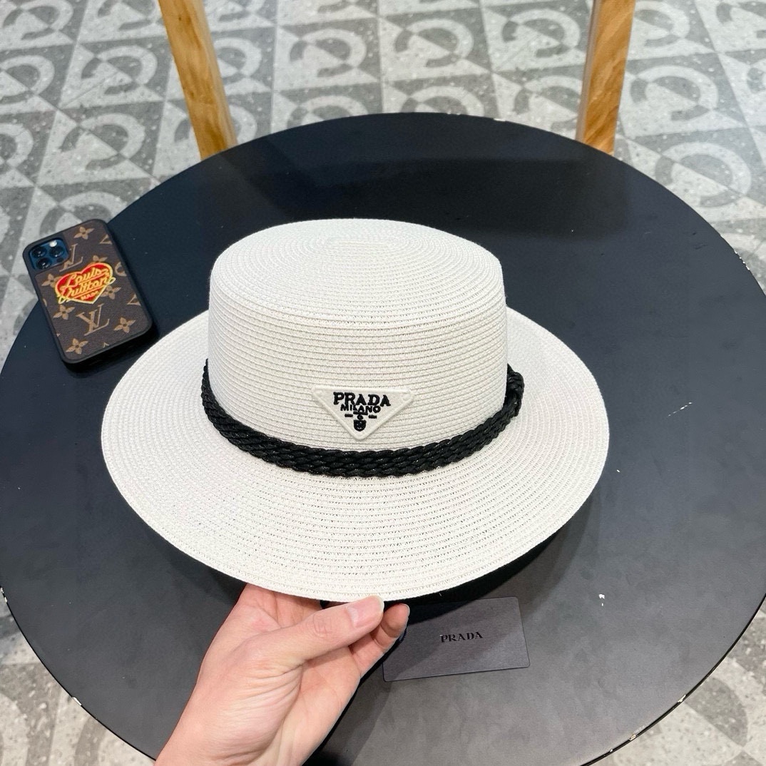 PRADA普拉达 草帽，名媛风盆帽，进口高级细草制作，高端定制，头围57cm