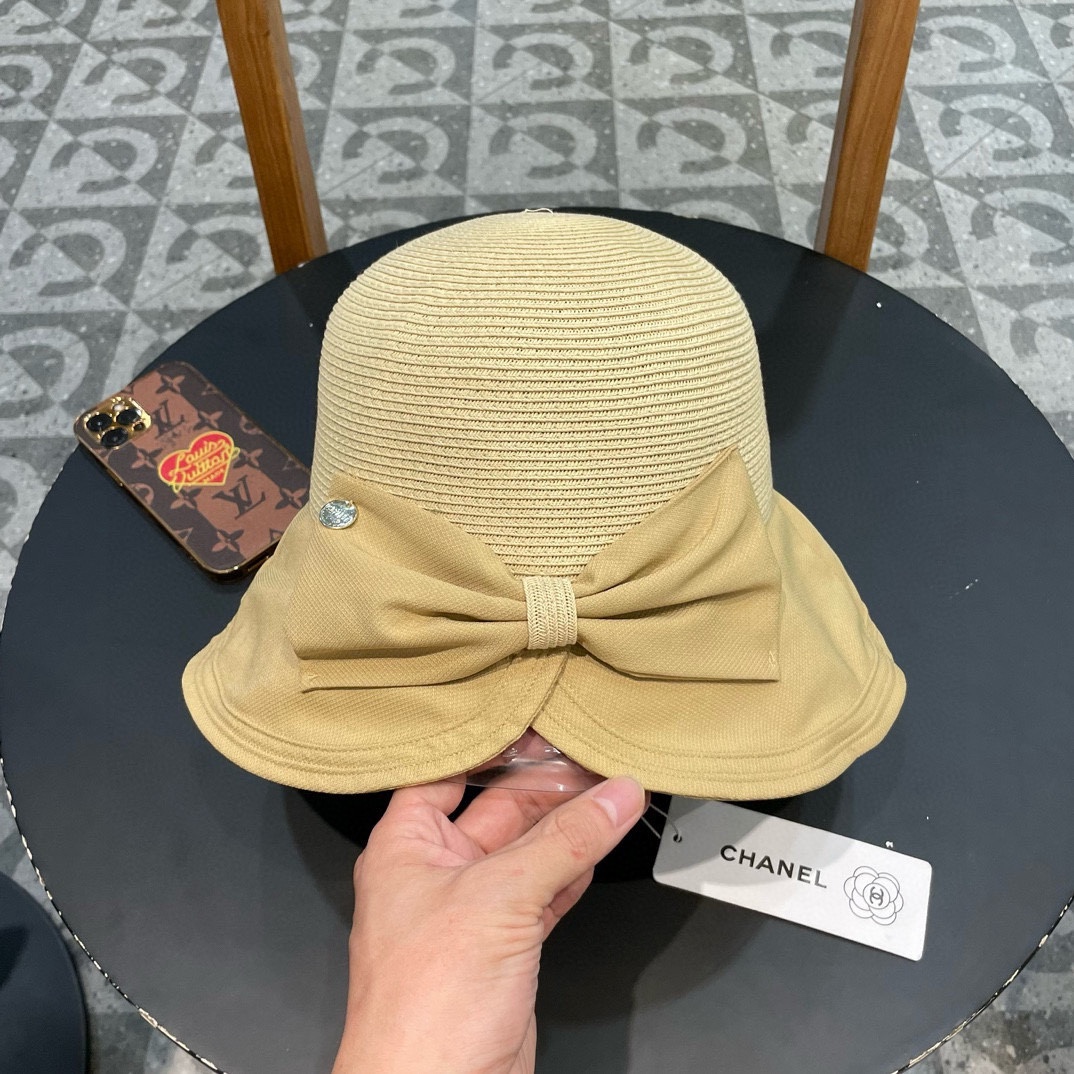  chanel香奈儿蝴蝶结渔夫帽子女显脸小夏季防紫外线草帽大檐遮脸防晒帽太阳帽潮