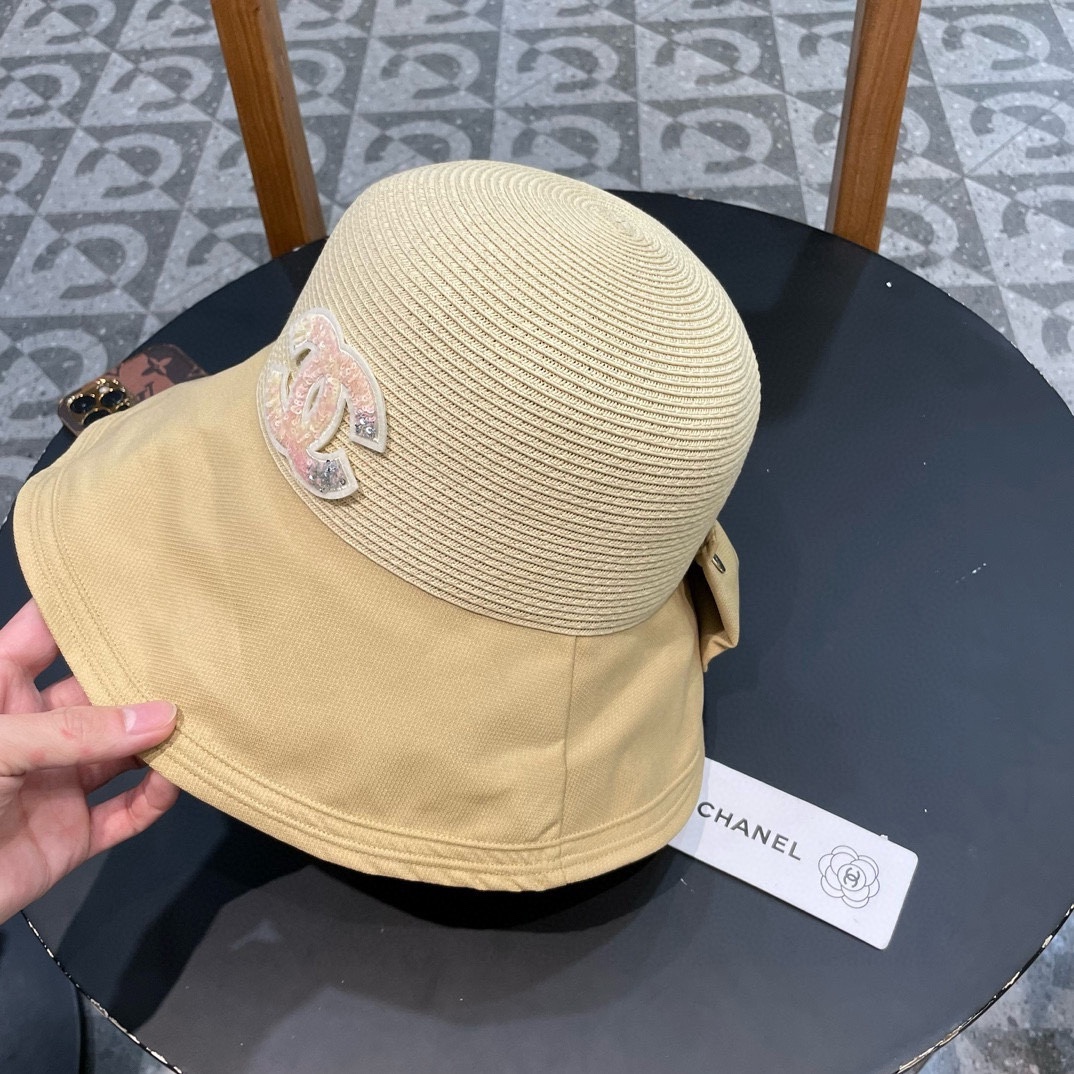  chanel香奈儿蝴蝶结渔夫帽子女显脸小夏季防紫外线草帽大檐遮脸防晒帽太阳帽潮