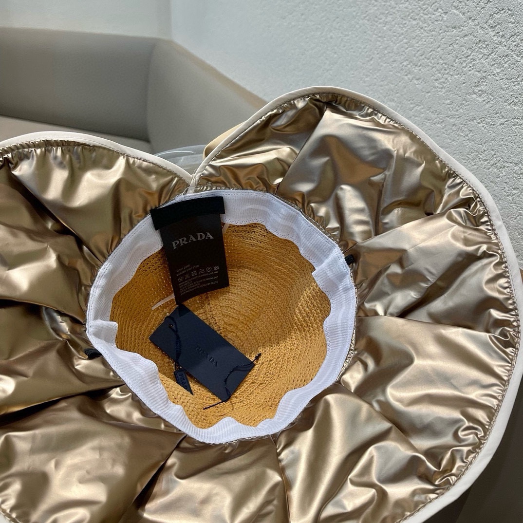  PRADA普拉达 黑胶帽子女款春夏出游防紫外线遮阳防晒帽大檐蝴蝶结渔夫帽太阳帽
