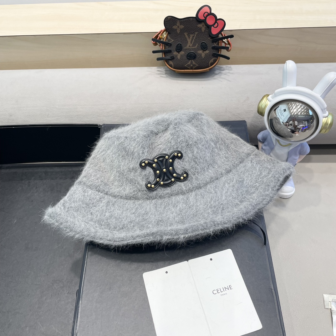 Gorro de pescador de pelo de conejo Celine para mujer, nuevo modelo de invierno 2024, versátil, talla grande, sin maqui…