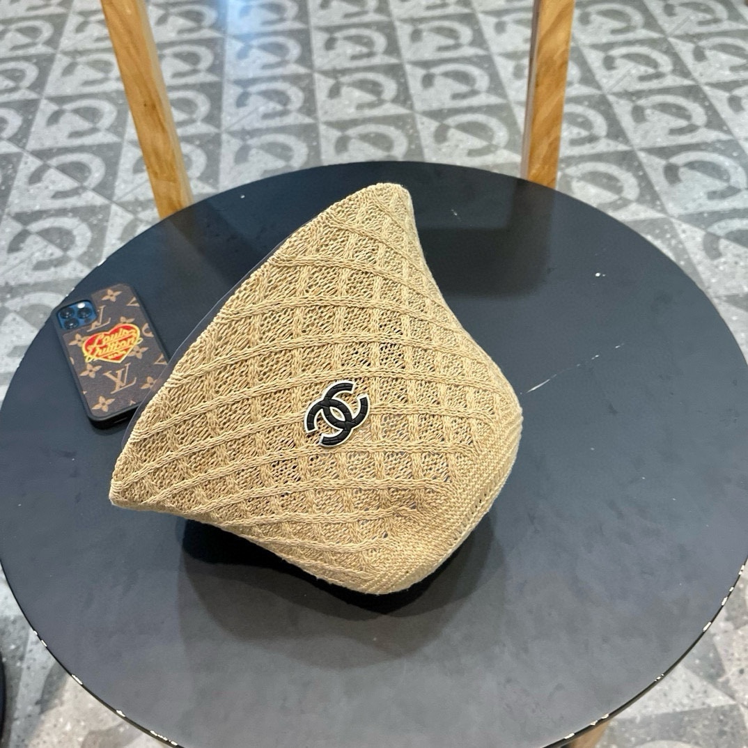  香奈儿Chanel夏季透气防晒针织渔夫帽子女格纹显脸小休闲百搭出游遮阳纯色盆帽