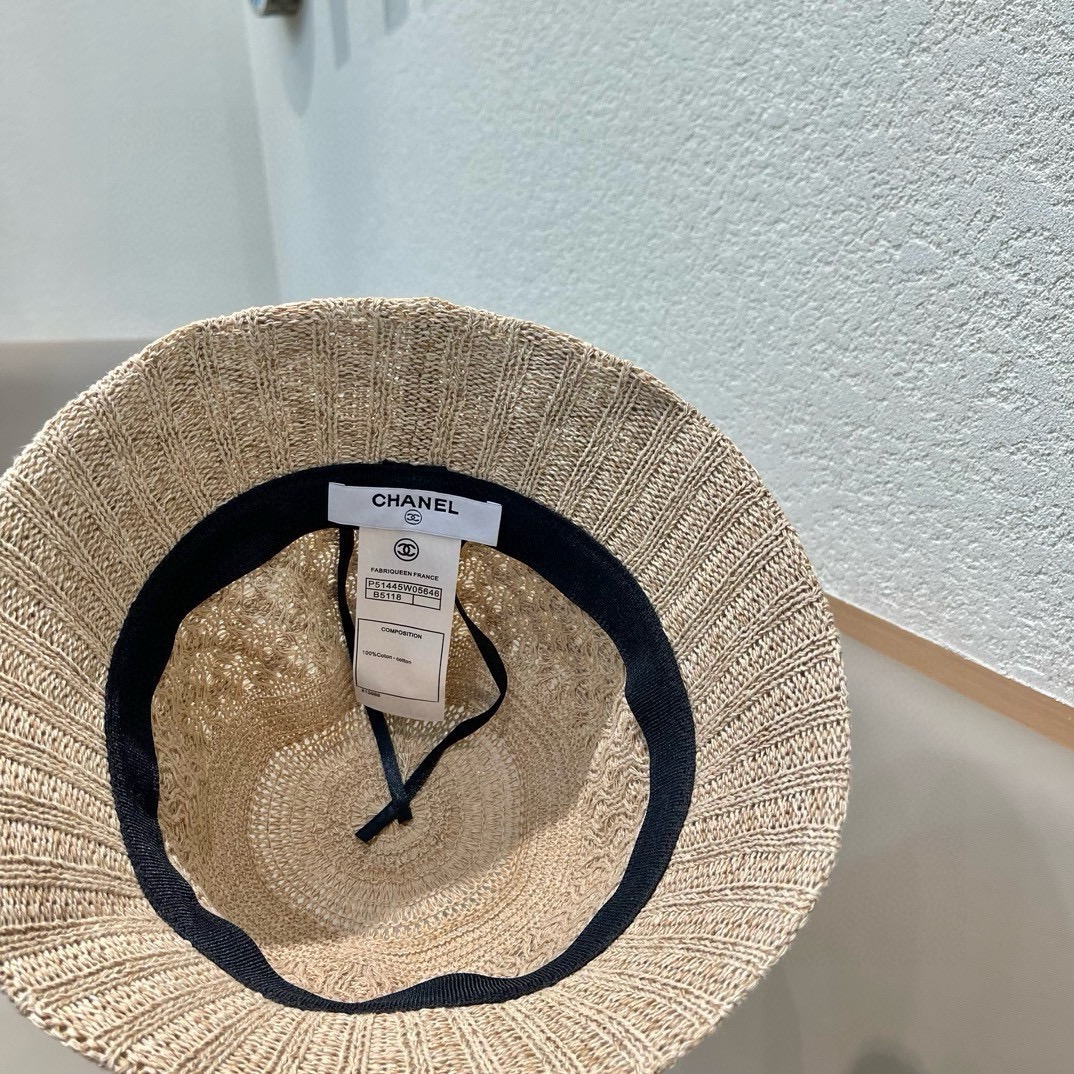  香奈儿Chanel夏季透气防晒针织渔夫帽子女格纹显脸小休闲百搭出游遮阳纯色盆帽
