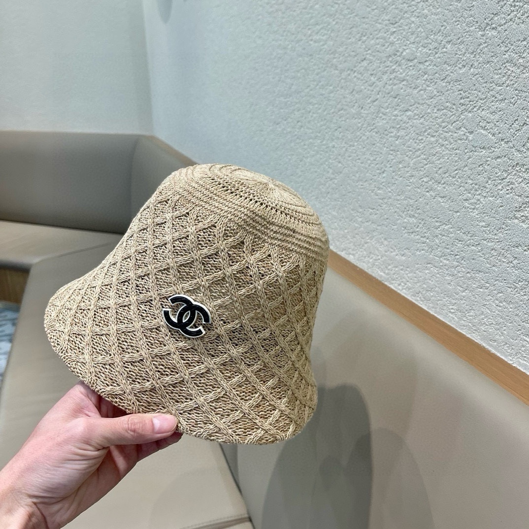  香奈儿Chanel夏季透气防晒针织渔夫帽子女格纹显脸小休闲百搭出游遮阳纯色盆帽