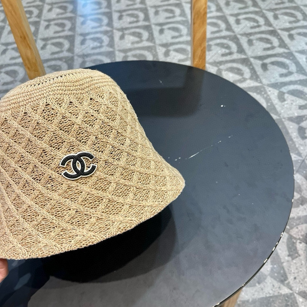  香奈儿Chanel夏季透气防晒针织渔夫帽子女格纹显脸小休闲百搭出游遮阳纯色盆帽