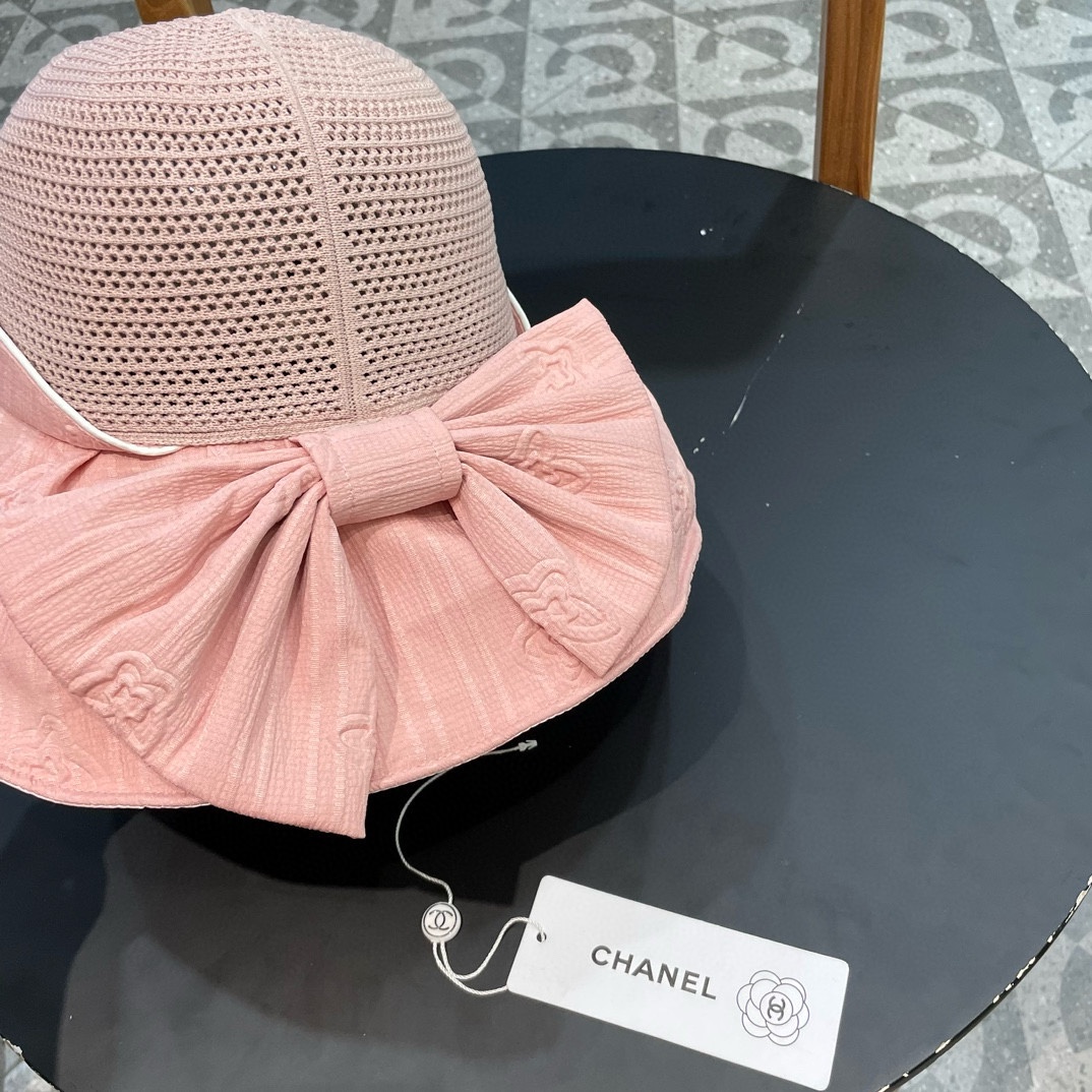 Chanel香奈儿 春夏新款帽子女时尚百搭蝴蝶结彩胶防晒遮阳帽夏季压花大沿太阳帽