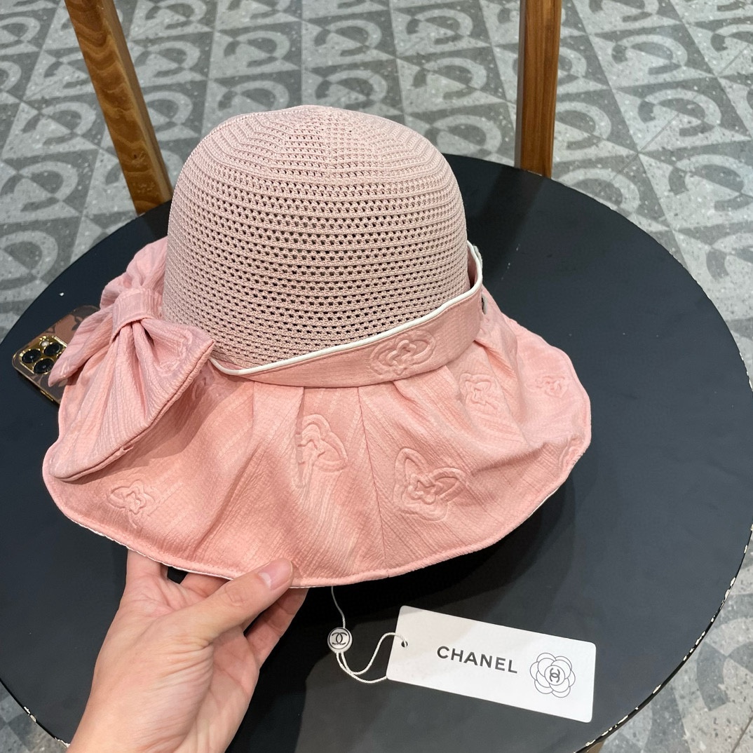 Chanel香奈儿 春夏新款帽子女时尚百搭蝴蝶结彩胶防晒遮阳帽夏季压花大沿太阳帽