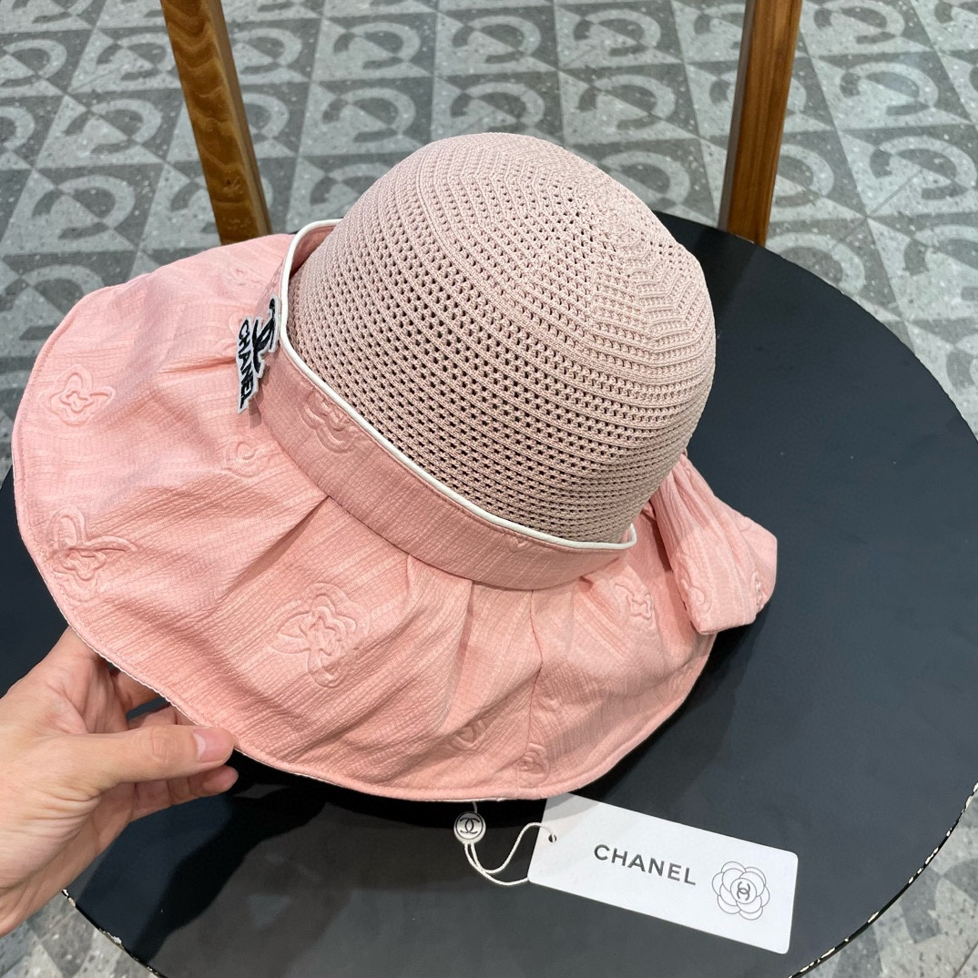 Chanel香奈儿 春夏新款帽子女时尚百搭蝴蝶结彩胶防晒遮阳帽夏季压花大沿太阳帽