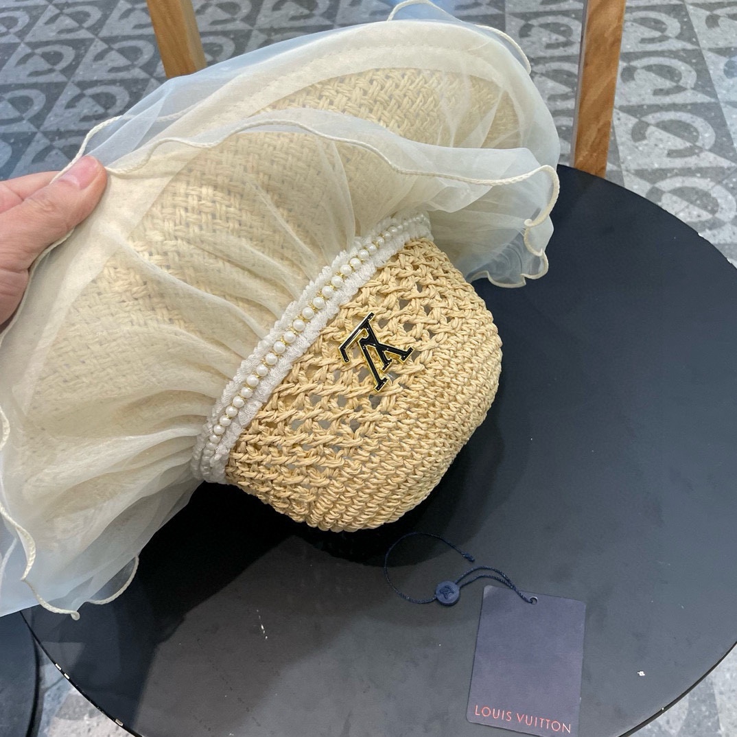   lv路易威登蕾丝珍珠草编太阳帽子女大帽檐夏季透气草帽海边遮全脸遮阳防晒帽