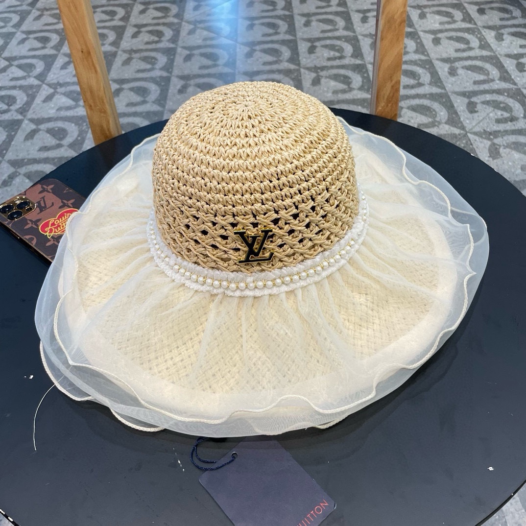   lv路易威登蕾丝珍珠草编太阳帽子女大帽檐夏季透气草帽海边遮全脸遮阳防晒帽