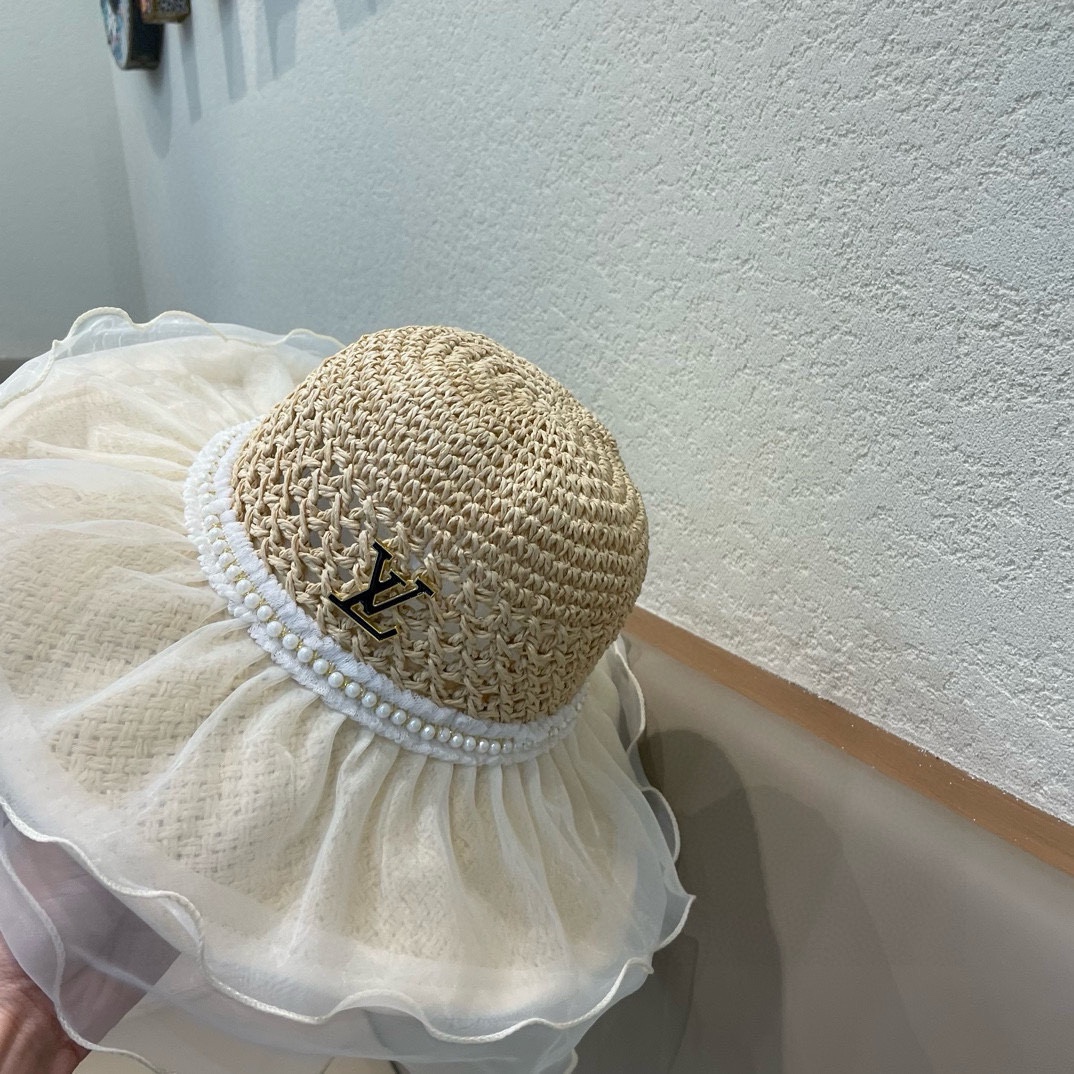   lv路易威登蕾丝珍珠草编太阳帽子女大帽檐夏季透气草帽海边遮全脸遮阳防晒帽