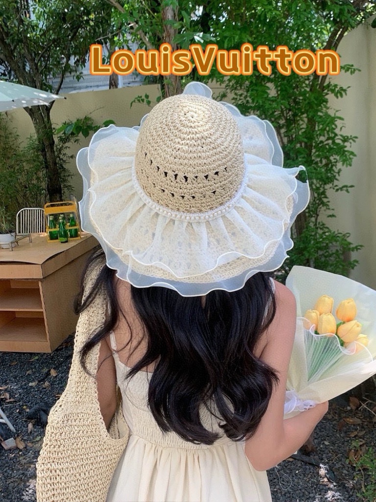   lv路易威登蕾丝珍珠草编太阳帽子女大帽檐夏季透气草帽海边遮全脸遮阳防晒帽