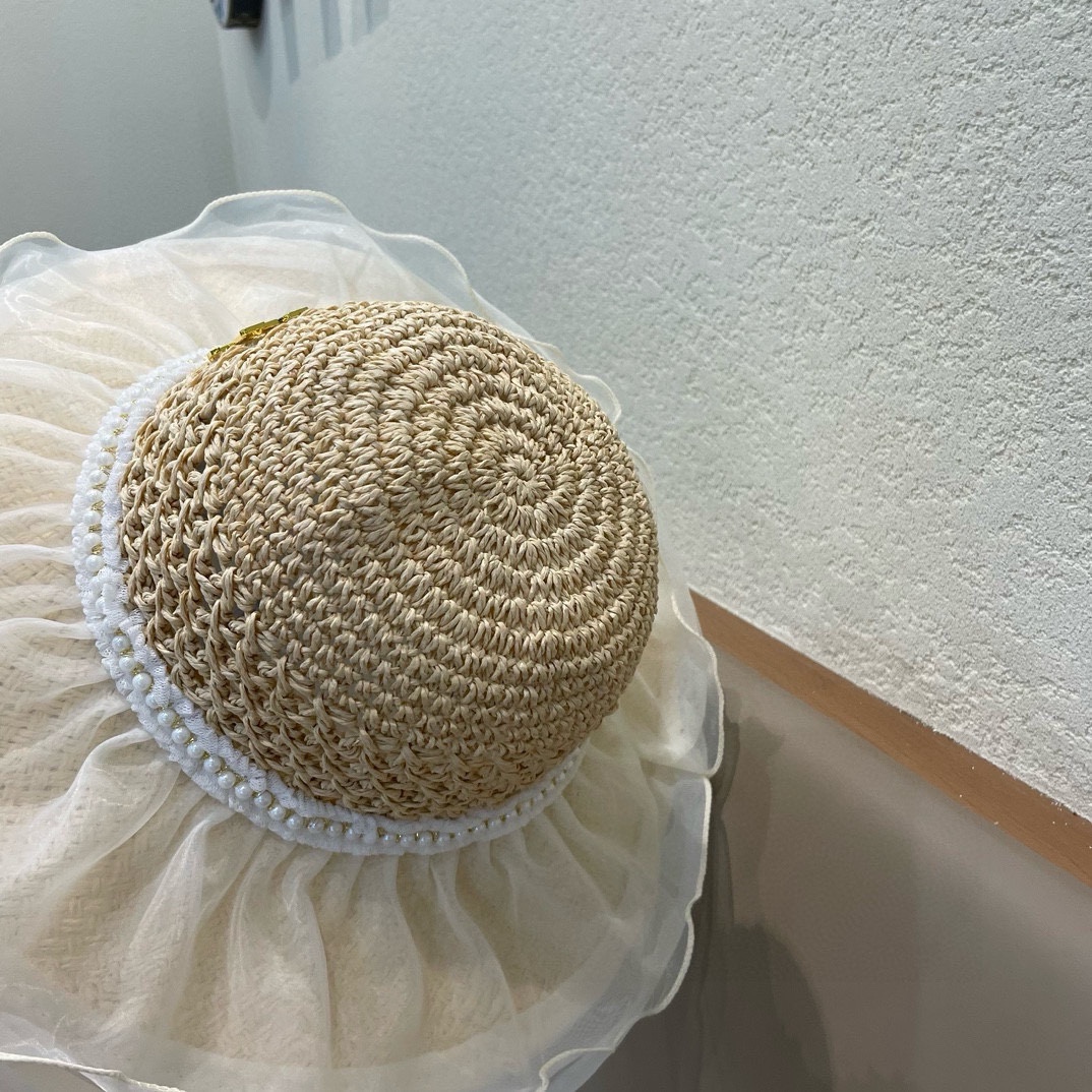   lv路易威登蕾丝珍珠草编太阳帽子女大帽檐夏季透气草帽海边遮全脸遮阳防晒帽