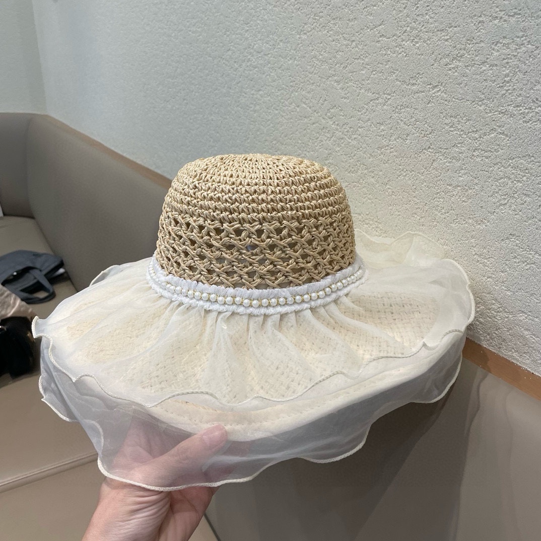   lv路易威登蕾丝珍珠草编太阳帽子女大帽檐夏季透气草帽海边遮全脸遮阳防晒帽