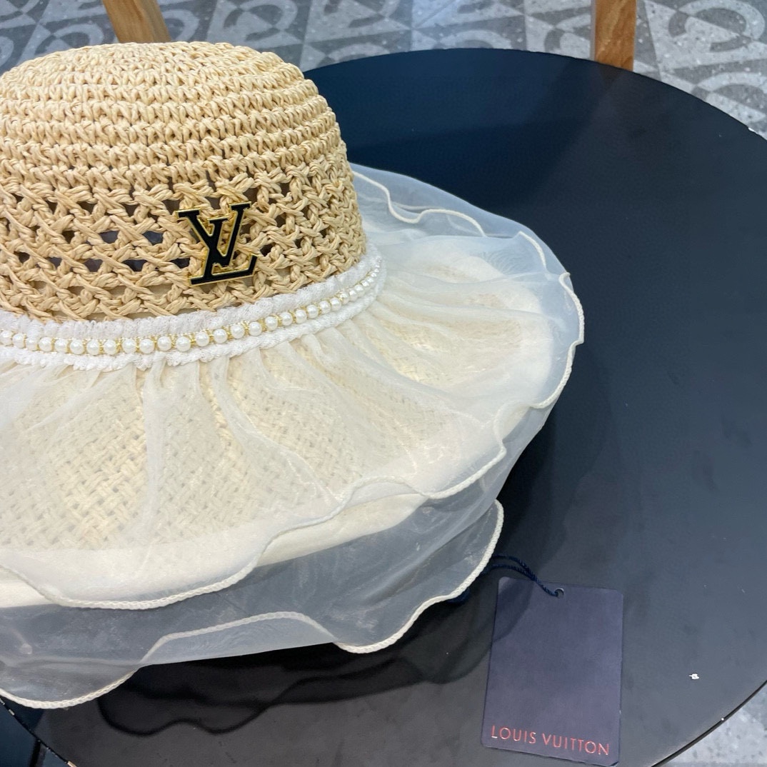   lv路易威登蕾丝珍珠草编太阳帽子女大帽檐夏季透气草帽海边遮全脸遮阳防晒帽
