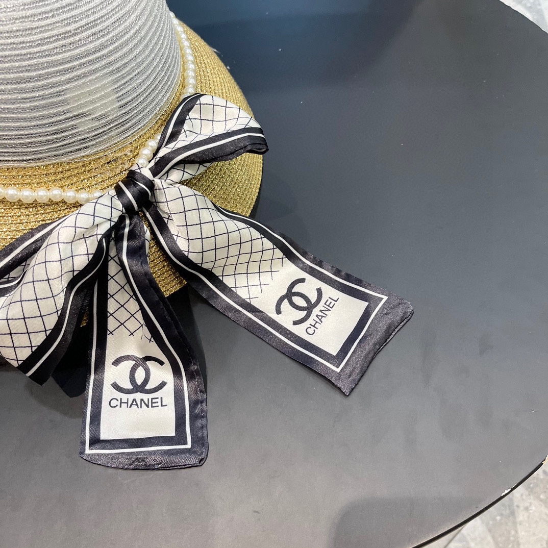  Chanel香奈儿名媛风草帽，进口PP草，搭配欧根纱蝴蝶结，头围57cm