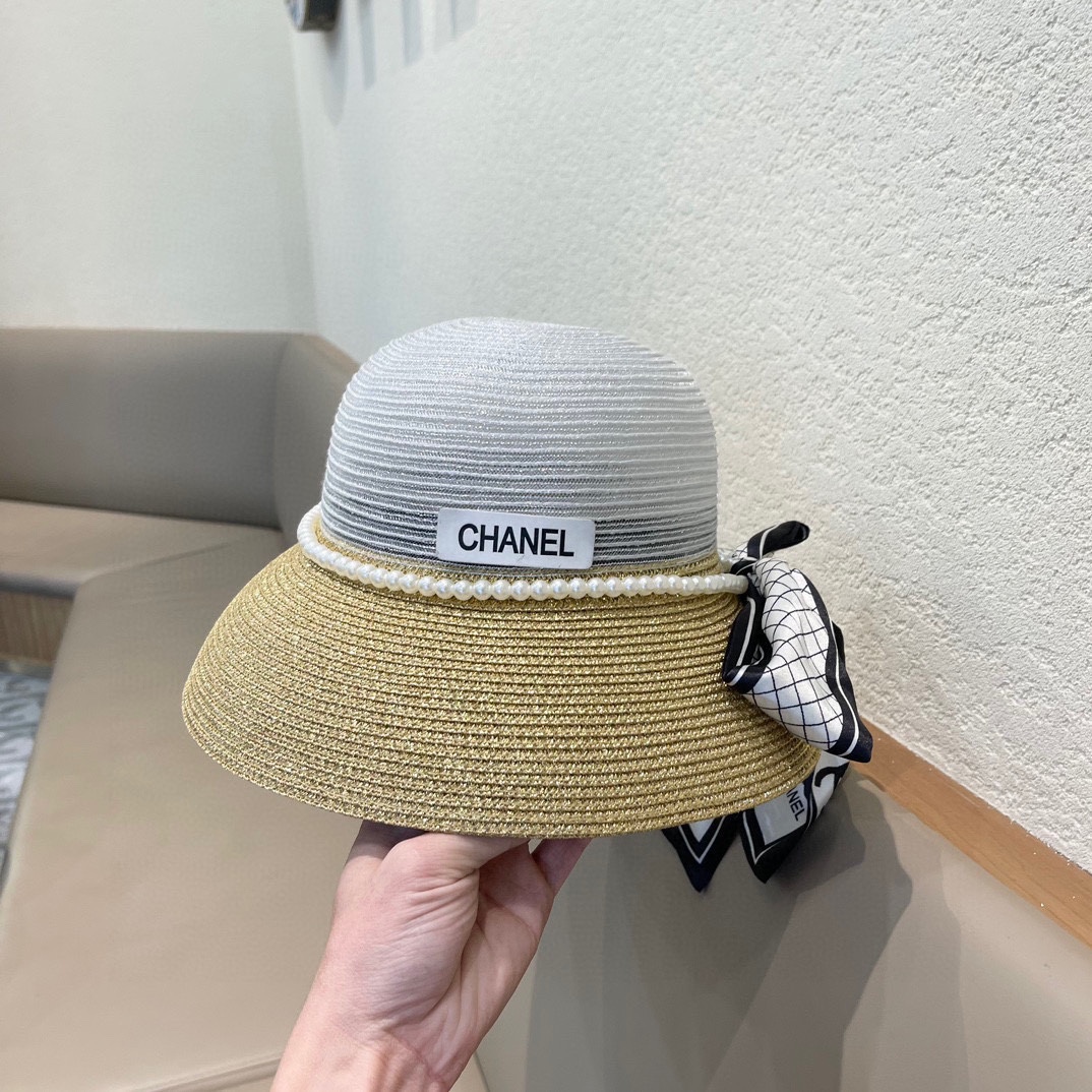  Chanel香奈儿名媛风草帽，进口PP草，搭配欧根纱蝴蝶结，头围57cm