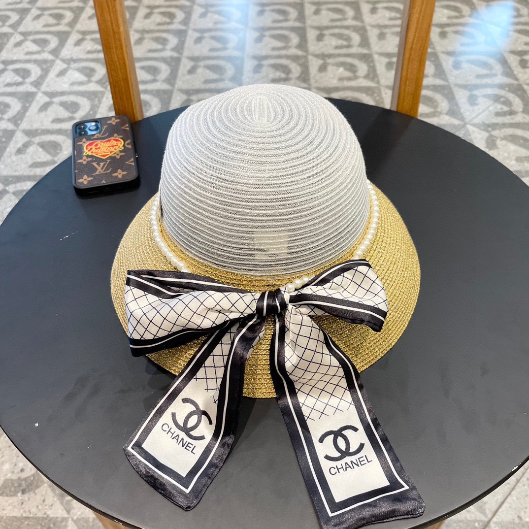  Chanel香奈儿名媛风草帽，进口PP草，搭配欧根纱蝴蝶结，头围57cm