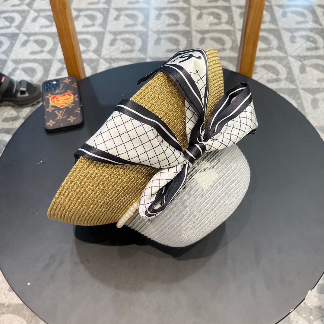  Chanel香奈儿名媛风草帽，进口PP草，搭配欧根纱蝴蝶结，头围57cm