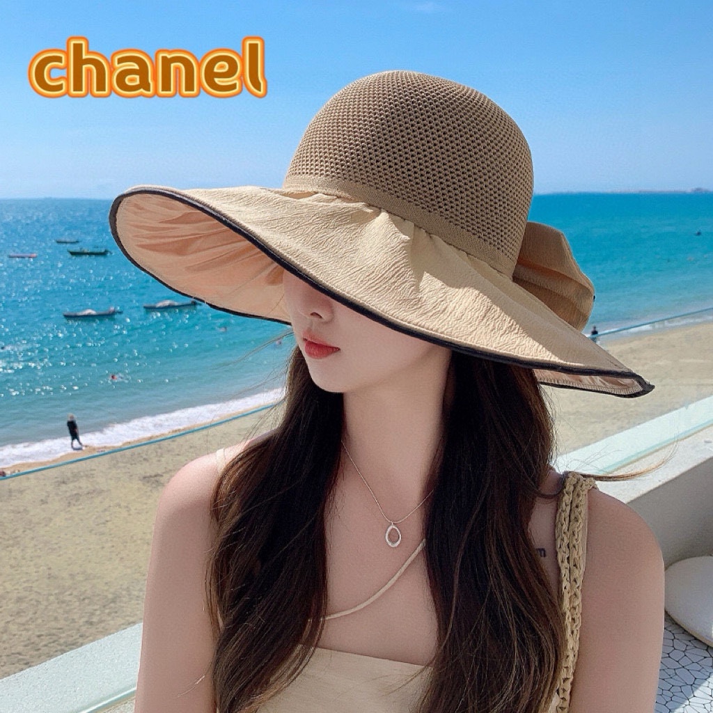 香奈儿Chanel时尚春夏季大帽檐出游渔夫帽防紫外线遮阳帽女蝴蝶结字母太阳帽潮