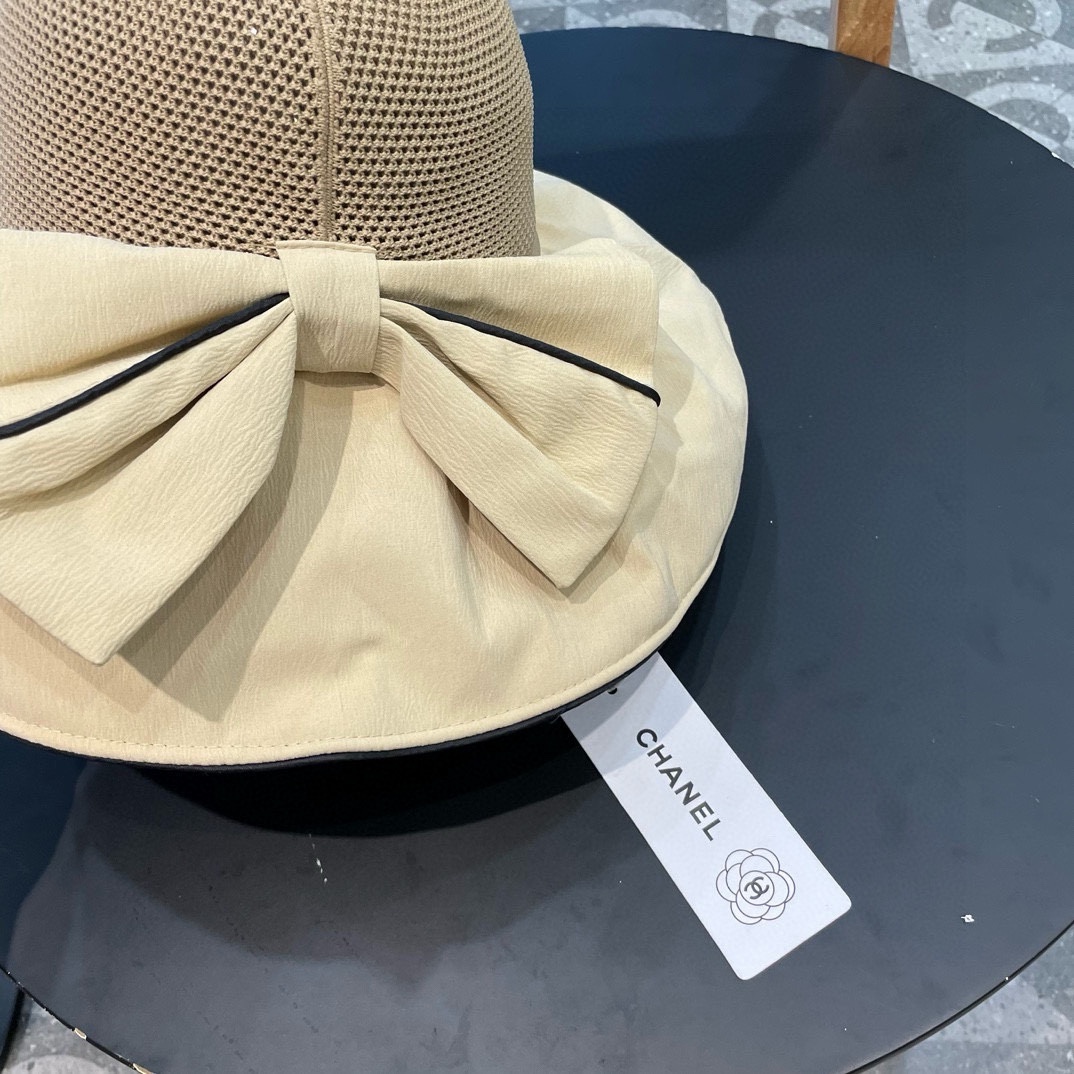 香奈儿Chanel时尚春夏季大帽檐出游渔夫帽防紫外线遮阳帽女蝴蝶结字母太阳帽潮