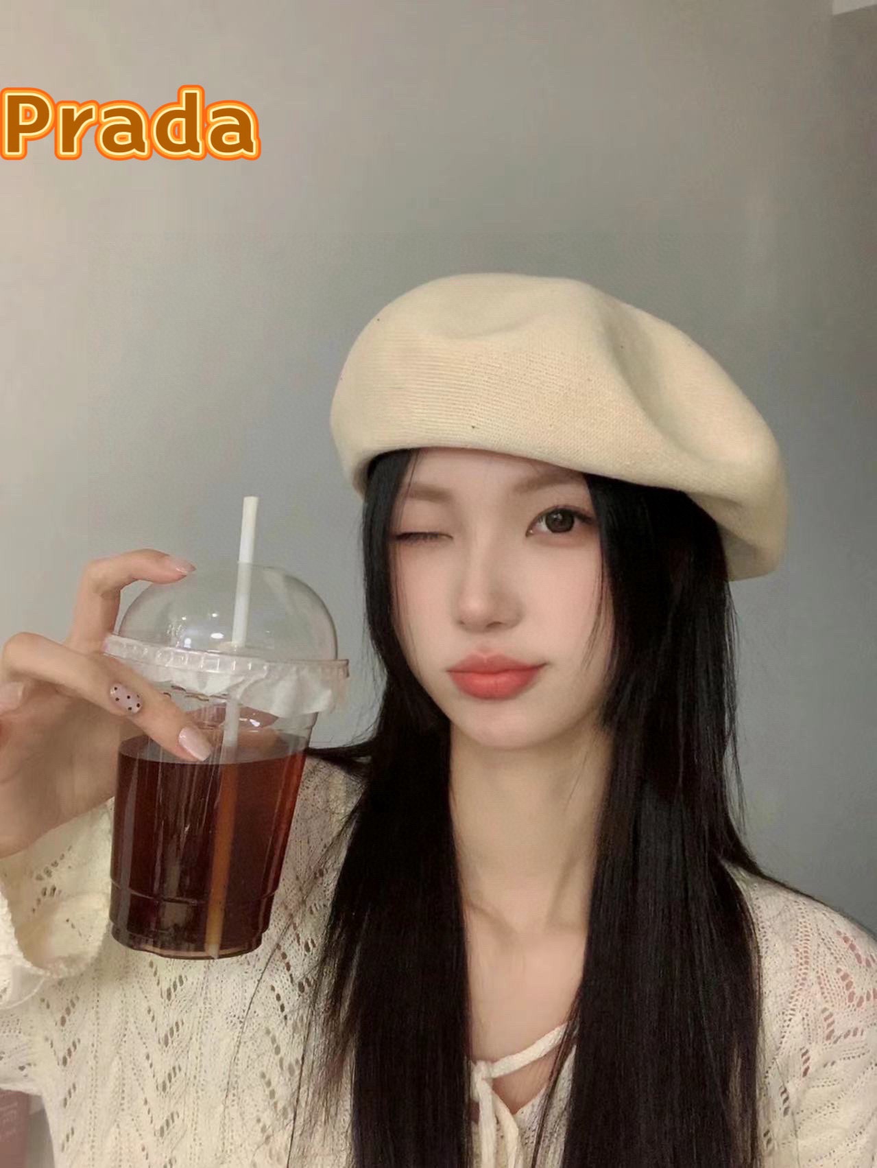 普拉达Prada韩国网红甜酷风粉色贝雷帽女夏季薄款透气大头围显脸小画家帽