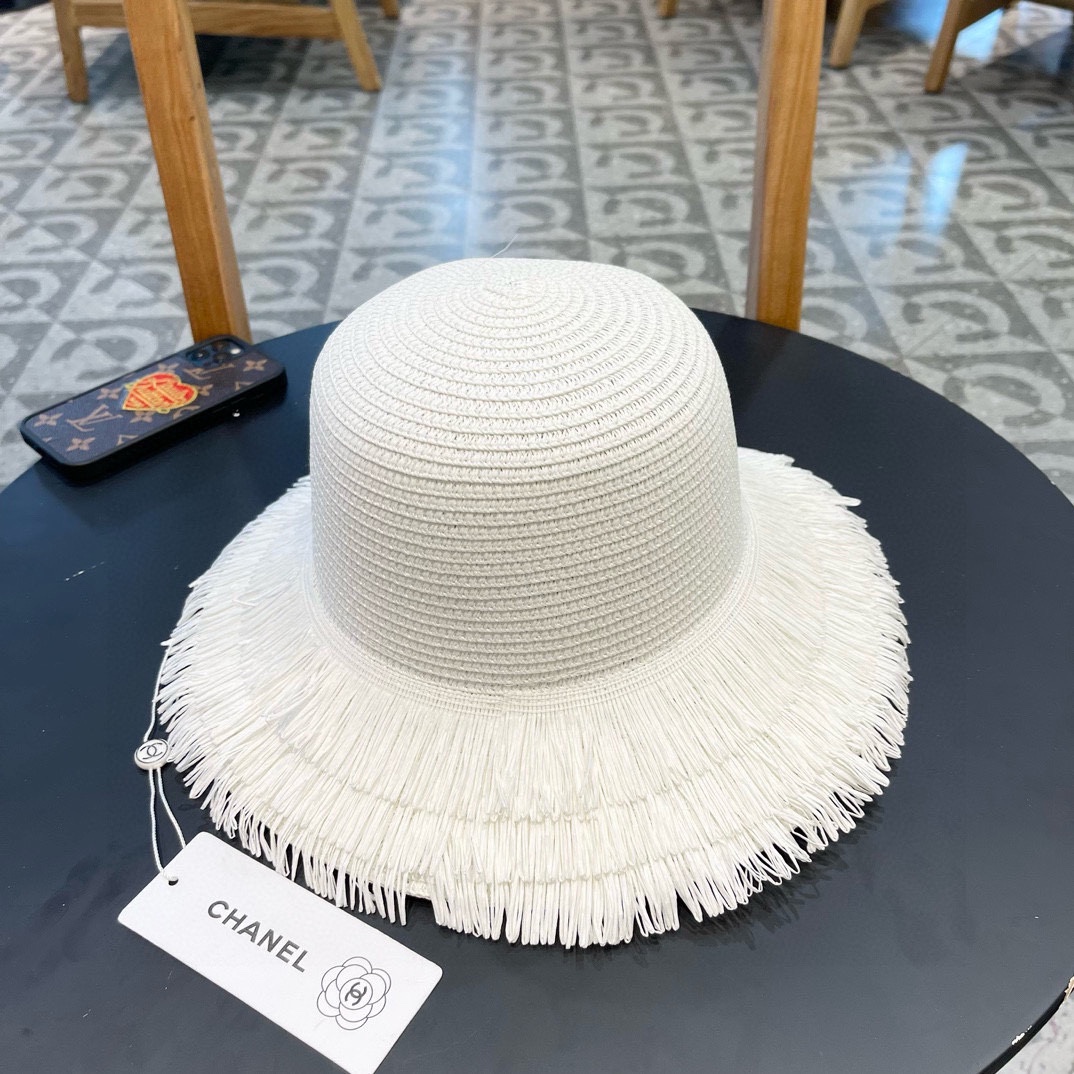 chanel香奈儿双层毛边拉菲草帽女2025新款春夏海边度假沙滩防晒遮阳帽编织平顶
