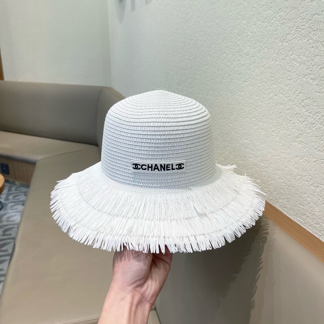 chanel香奈儿双层毛边拉菲草帽女2025新款春夏海边度假沙滩防晒遮阳帽编织平顶