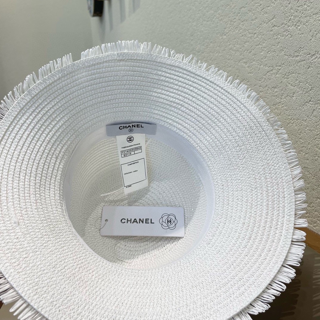 chanel香奈儿双层毛边拉菲草帽女2025新款春夏海边度假沙滩防晒遮阳帽编织平顶