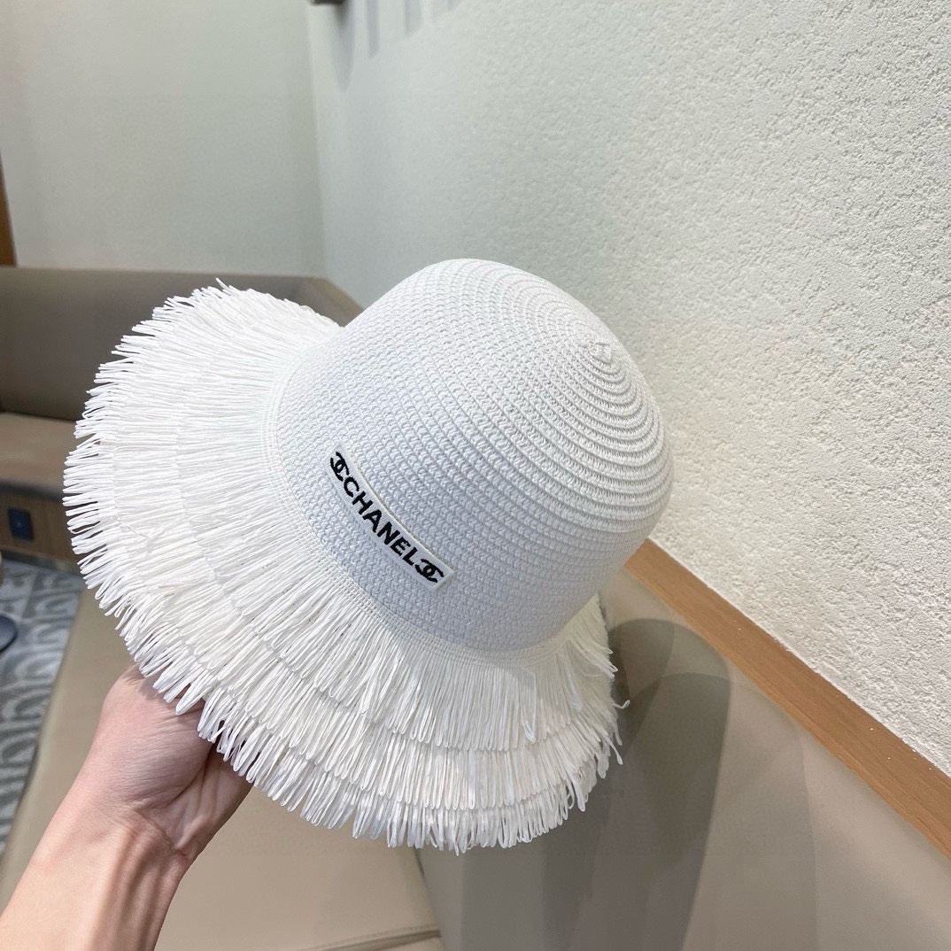 chanel香奈儿双层毛边拉菲草帽女2025新款春夏海边度假沙滩防晒遮阳帽编织平顶