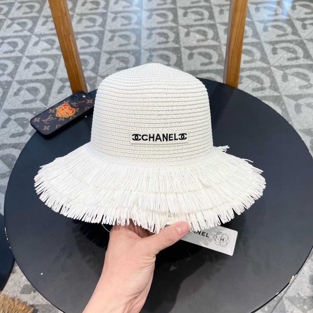 chanel香奈儿双层毛边拉菲草帽女2025新款春夏海边度假沙滩防晒遮阳帽编织平顶