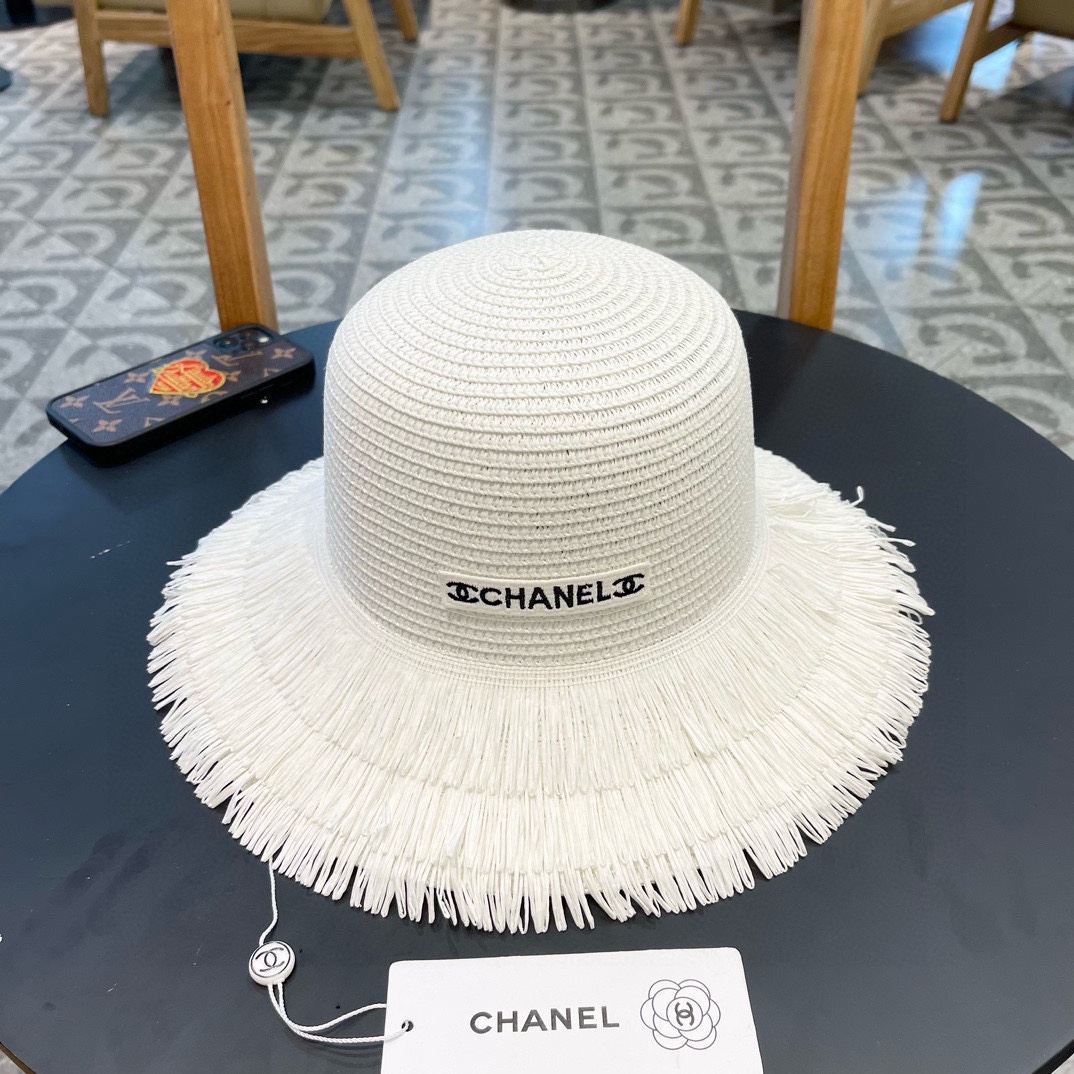 chanel香奈儿双层毛边拉菲草帽女2025新款春夏海边度假沙滩防晒遮阳帽编织平顶