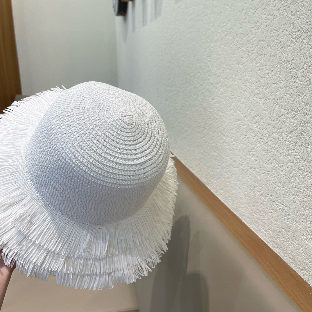 chanel香奈儿双层毛边拉菲草帽女2025新款春夏海边度假沙滩防晒遮阳帽编织平顶