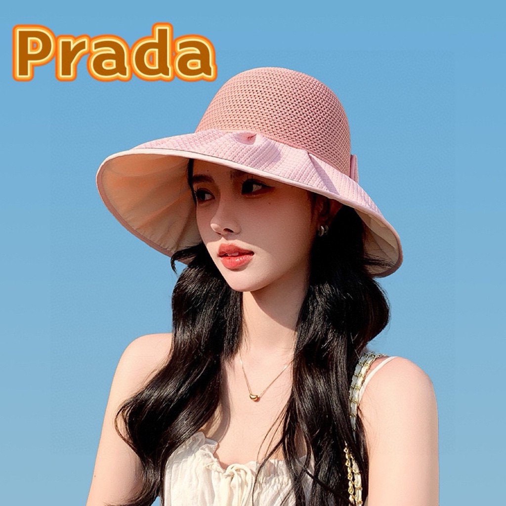 普拉达Prada春夏季新款针织透气布帽女户外遮阳防晒帽子大沿蝴蝶结渔夫帽盆帽
