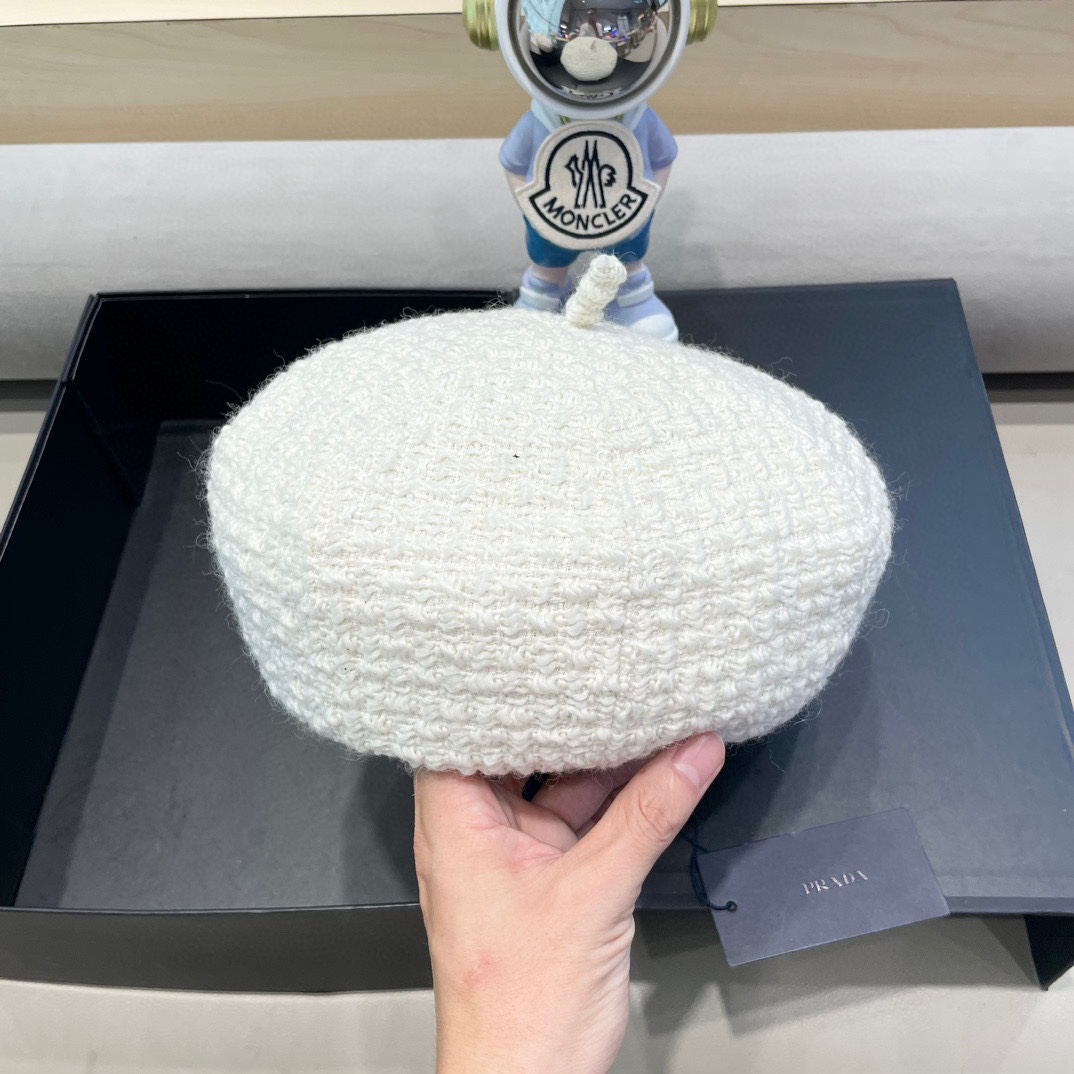 普拉达Prada英伦羊毛贝雷帽子女秋冬季保暖百搭针织毛线画家帽蓓蕾帽日系文艺