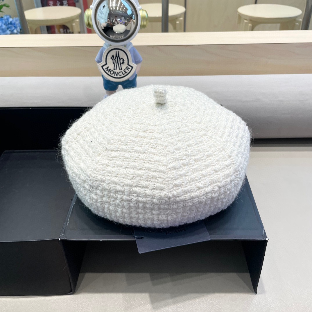 普拉达Prada英伦羊毛贝雷帽子女秋冬季保暖百搭针织毛线画家帽蓓蕾帽日系文艺