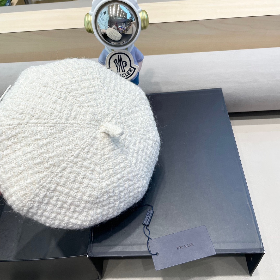 普拉达Prada英伦羊毛贝雷帽子女秋冬季保暖百搭针织毛线画家帽蓓蕾帽日系文艺
