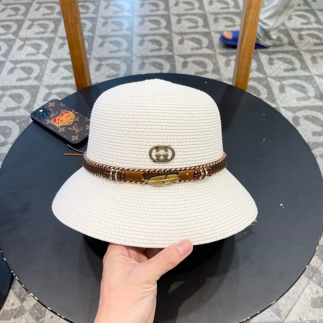 GUCC I古奇海边度假百搭圆顶草帽女出游遮阳防晒民族风礼帽女夏天沙滩太阳帽