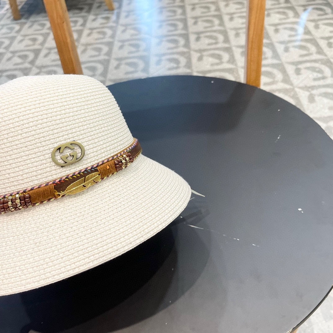 GUCC I古奇海边度假百搭圆顶草帽女出游遮阳防晒民族风礼帽女夏天沙滩太阳帽