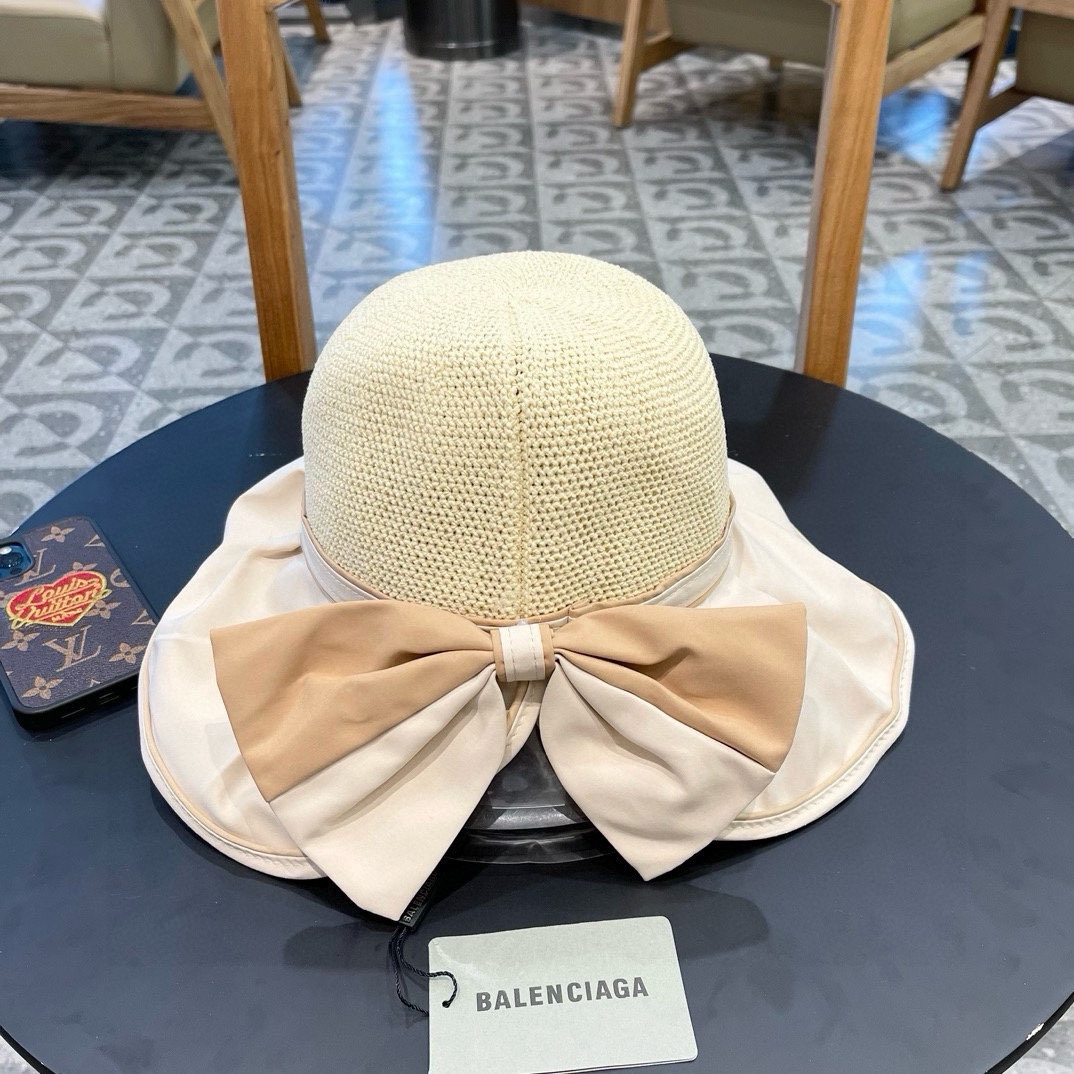 巴黎世家balenclaga渔夫帽子女夏季遮阳彩胶防紫外线防晒帽大帽檐显脸小蝴蝶结太阳帽