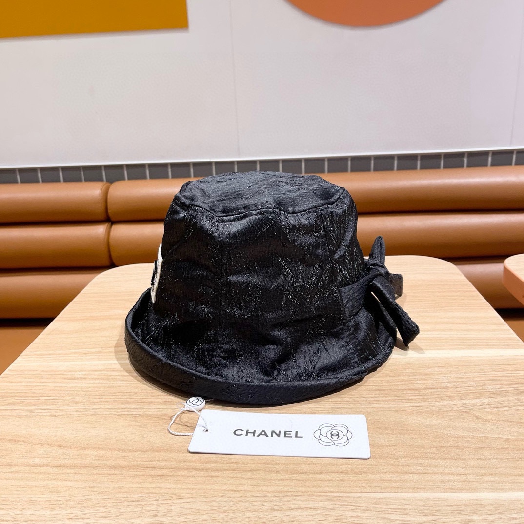  Chanel香奈儿新国风黑蝴蝶结洋气时尚女士渔夫帽盆帽春夏百搭高级感小帽檐平顶