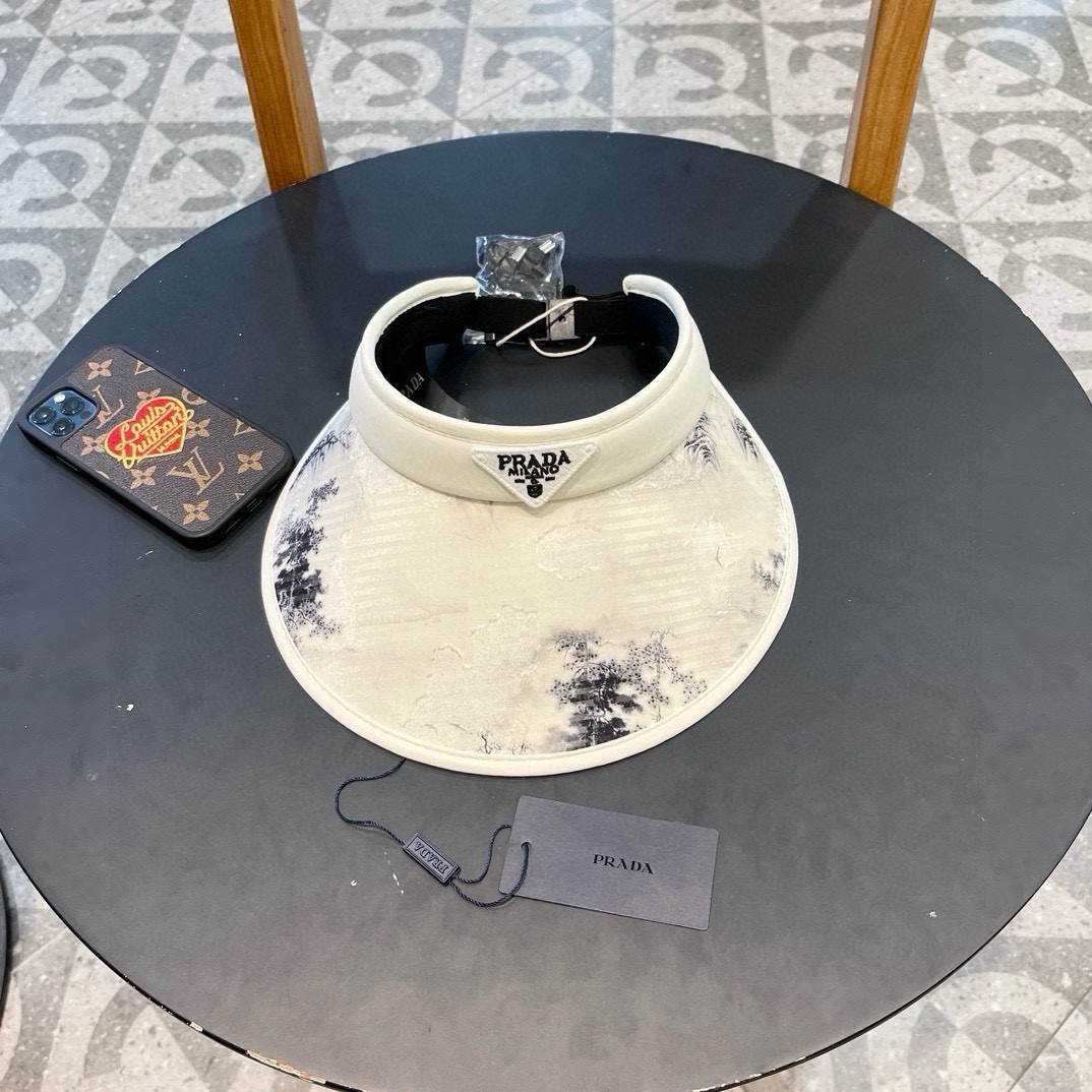   Prada普拉达新款中式国风水墨画帽子女夏季空顶防晒帽遮阳太阳帽冰丝防紫外线 