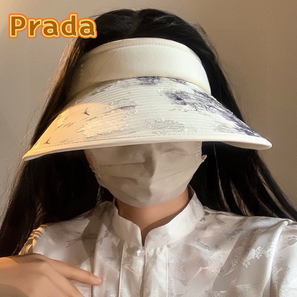   Prada普拉达新款中式国风水墨画帽子女夏季空顶防晒帽遮阳太阳帽冰丝防紫外线 